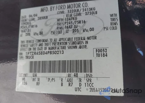 2004 Ford Ranger Edge/Tremor/Xlt из США, поврежденный, VIN 1FTZR45E04PB50213